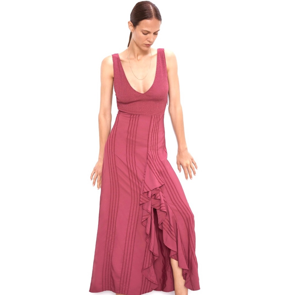 NWT Zara Knit & Satin Magenta Ruffle Maxi Dress